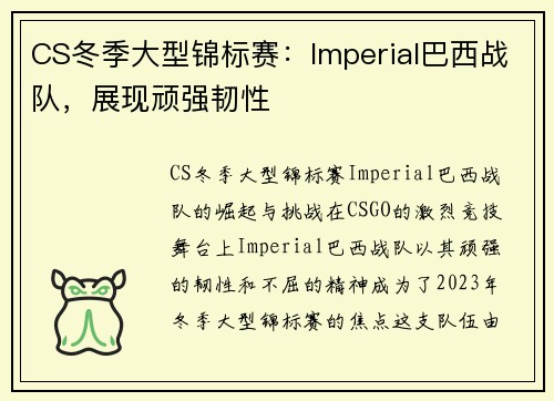 CS冬季大型锦标赛：Imperial巴西战队，展现顽强韧性