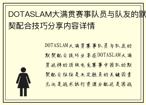 DOTASLAM大满贯赛事队员与队友的默契配合技巧分享内容详情